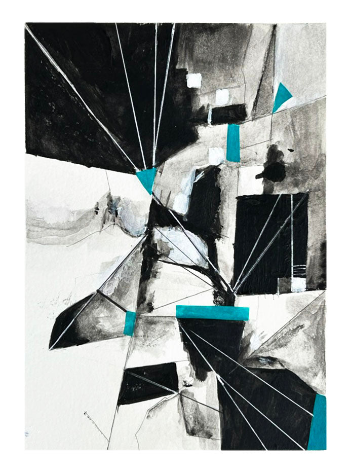 Black, White, Gray and Teal | Original Abstract Watercolor Painting